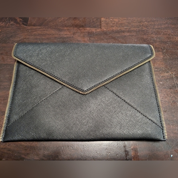 Rebecca Minkoff Handbags - Rebecca Minkoff Leo Saffiano Black Envelope Clutch with Gold Zipper Trim, NWOT